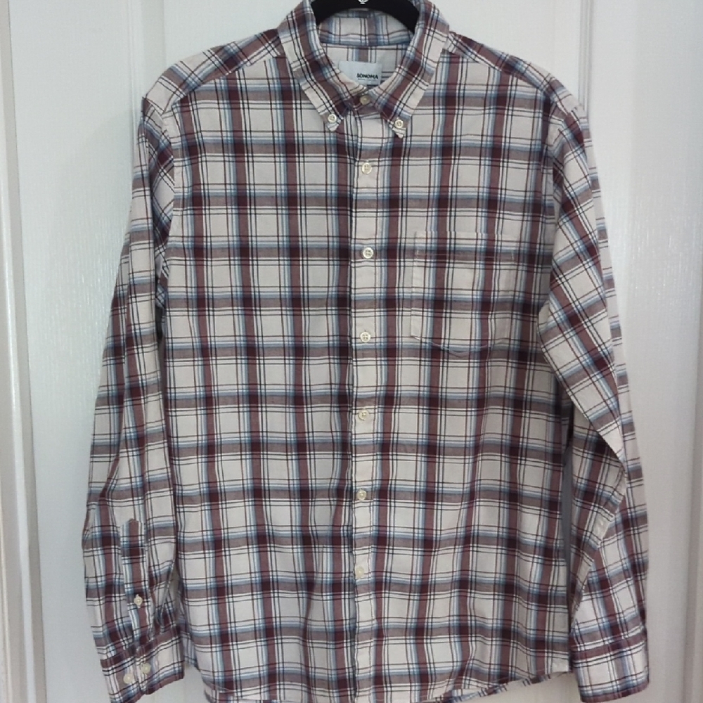 Kirkland Signature Men's Plaid Button-Down Shirt - White, Brown & Blue